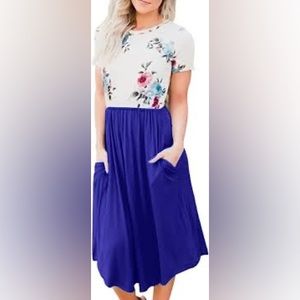 Women's Casual Short Sleeve Patchwork Floral Print Pleated Swing Midi Dress